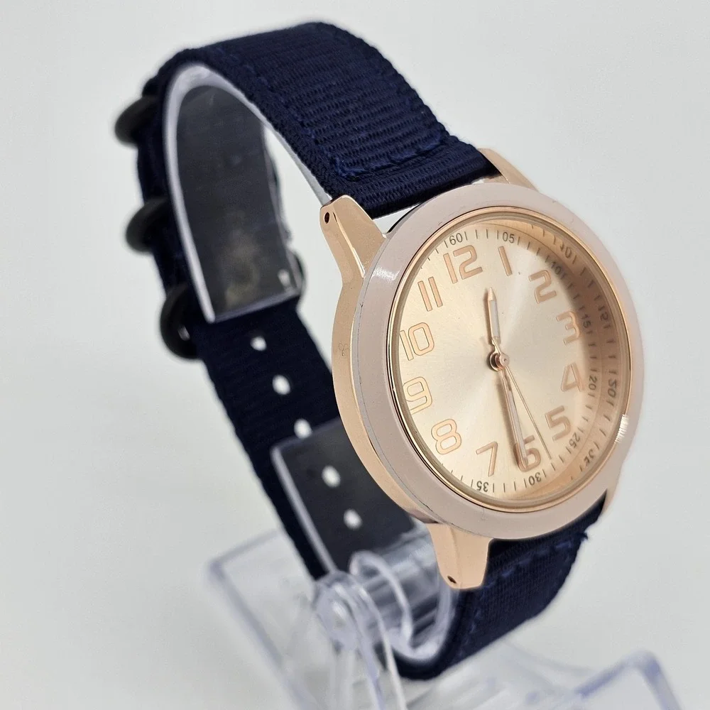 38MM Women's Analog Watch Gold Dial NEW Dark Blue Nylon Canvas Bands NEW Battery